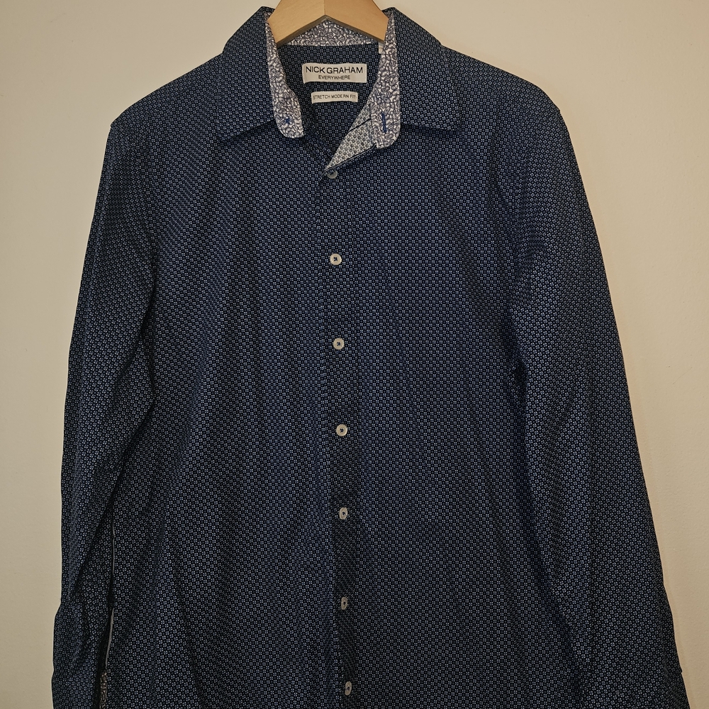 Nick Graham Everywhere Long Sleeve Button Up Blue Patterned Dress Shirt, Size L